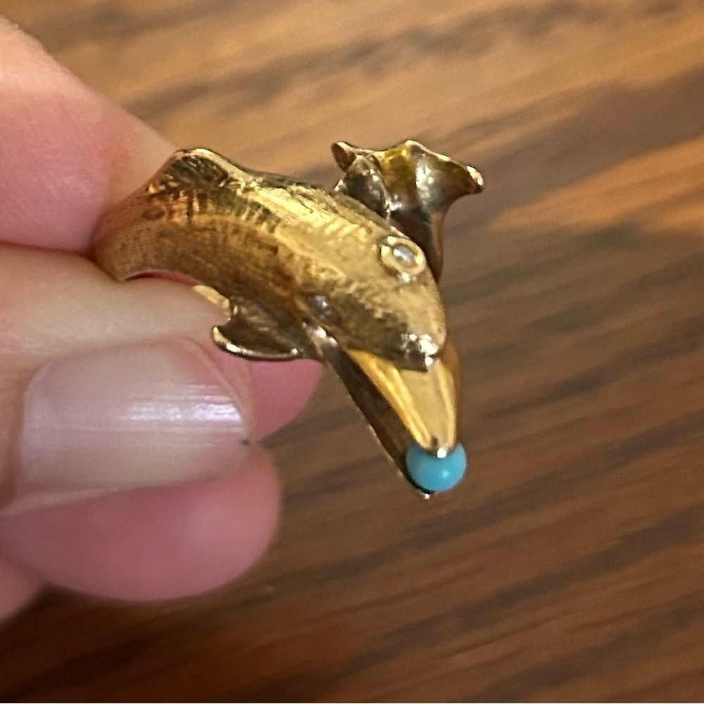 Gold Dolphin Ring with Turquoise Accent